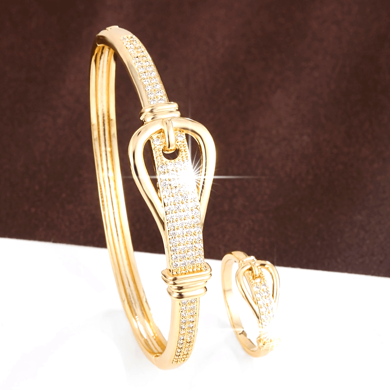 Stylish Buckle Zirconia Copper Bracelet & Ring Set